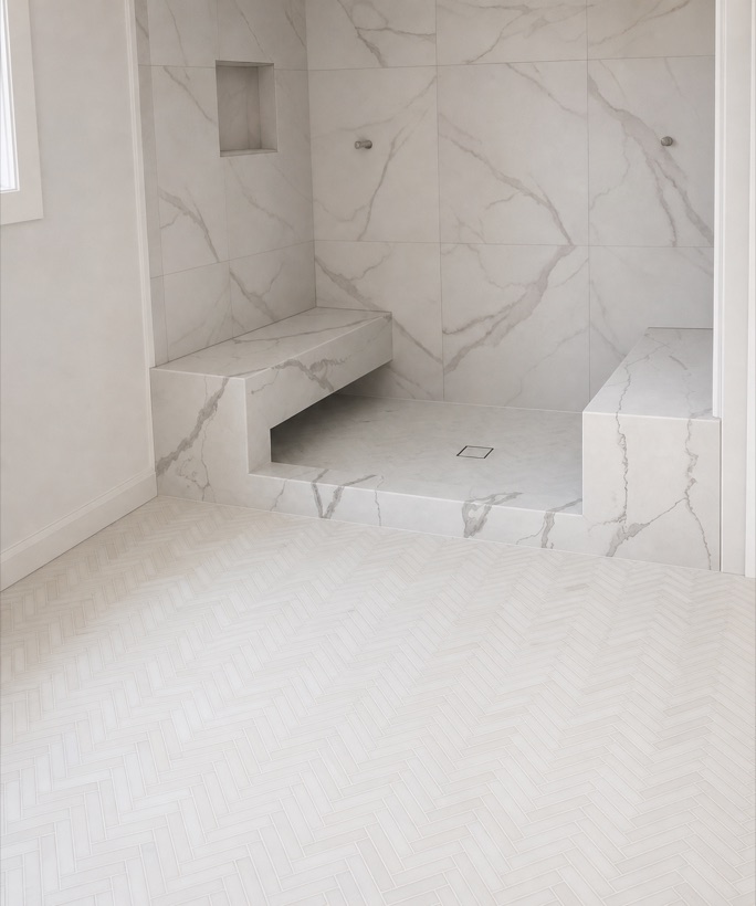 Calacatta marble shower with a cantilevered mitered floating bench and continuous veining across the wall