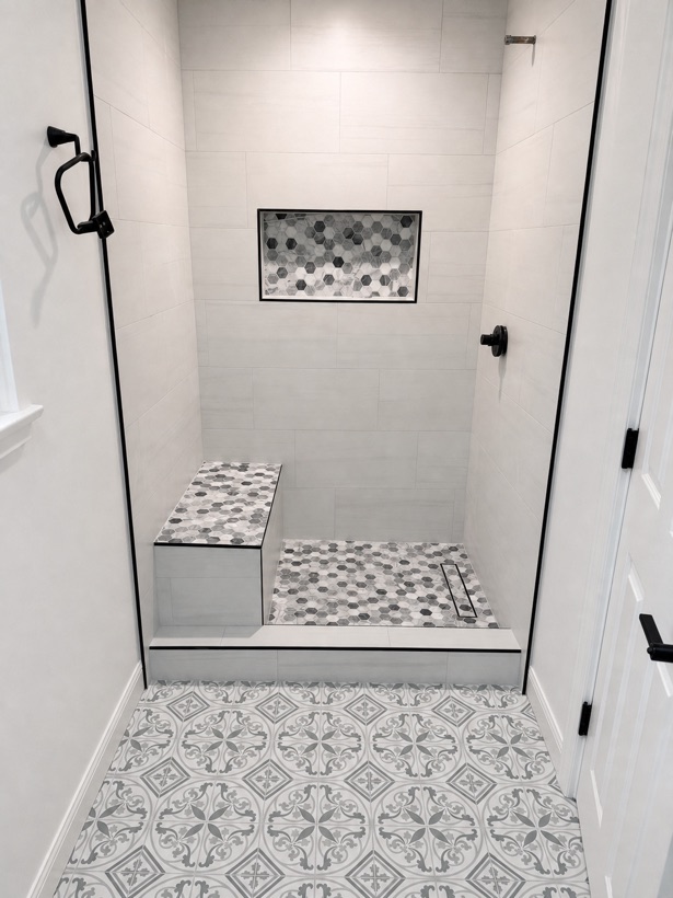 White shower with a patterned tile floor and mosaic bench
