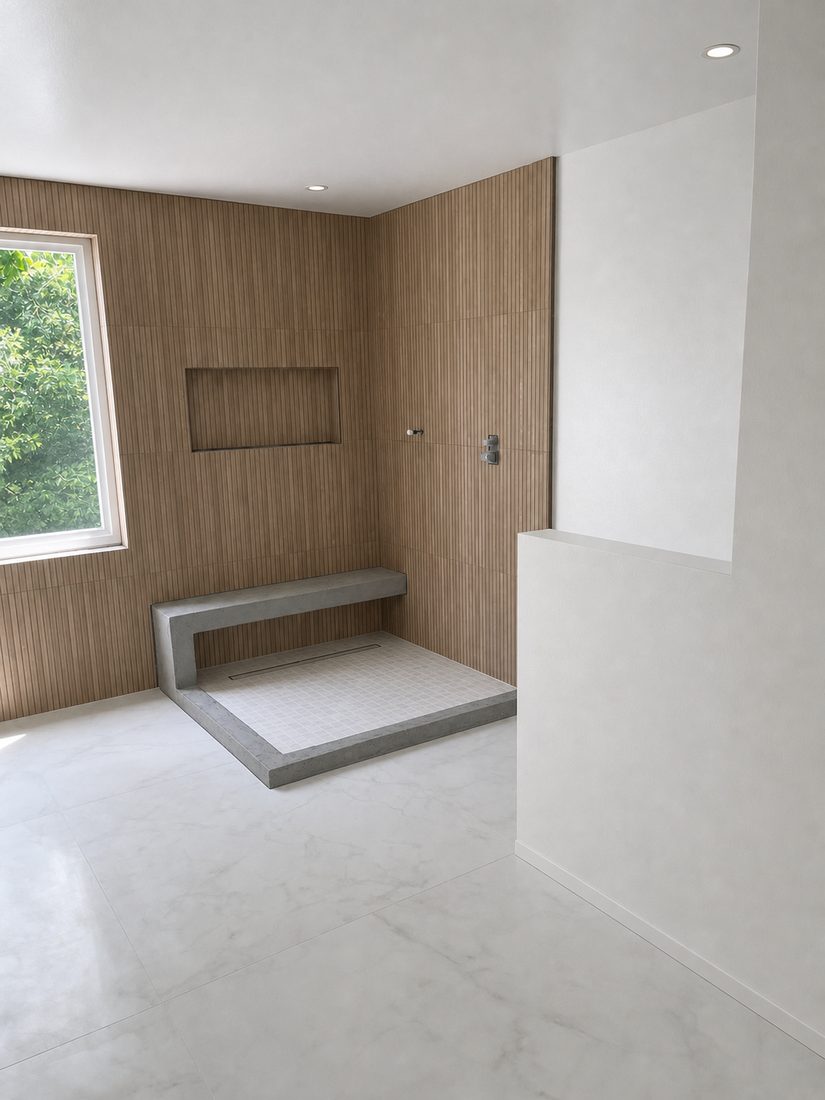 Shower enclosure finished in vertically installed wood-look porcelain plank tile with a recessed niche and a tight, consistent grout joint
